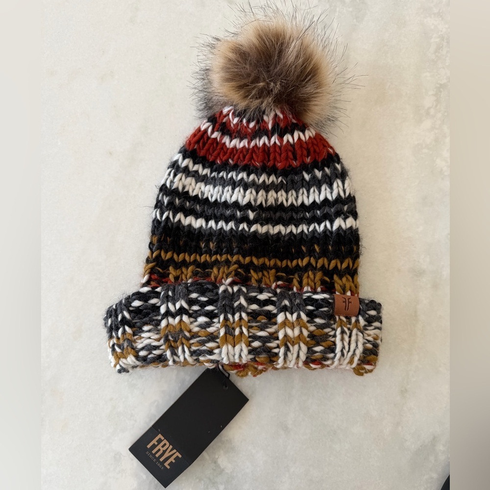 Frye | Mulit Color Striped Knit Beanie with Pom-Pom | one size | NWT